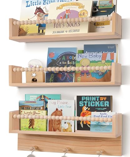 Image of birola Nursery Book Shelves with Beads Set of 3,Nursery Shelves for Bookshelf Wall,Wall Bookshelves for Kids,Bathroom Decor, Kitchen Spice Rack (Natural)