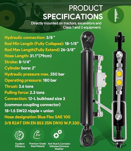 Image of Hydraulic Top Link Cat. 1-1 (18 1 /8 inch - 26 3 /8 inch, 3 /4 inch Hole) with Locking Block with 2 x Hose, SPH320032 2-Way Check Valve Hydraulic Cylinder for Tractor Excavators and Class 1& 2 Equipment