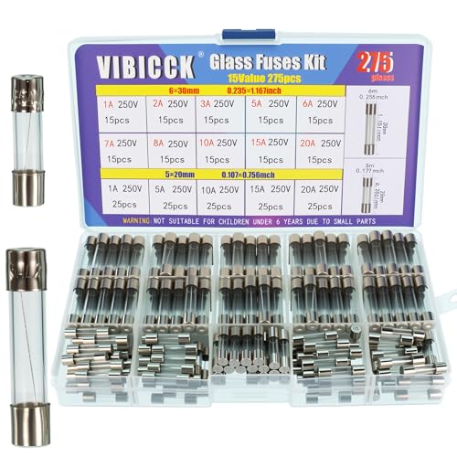 VIBICCK 15values 275piece Fast Burning Glass Fuse Combination kit 250V 1A 2A 3A 5A 6A 7A 8A 10A 15A 20A 5x20mm&6x30mm Glass fuses
