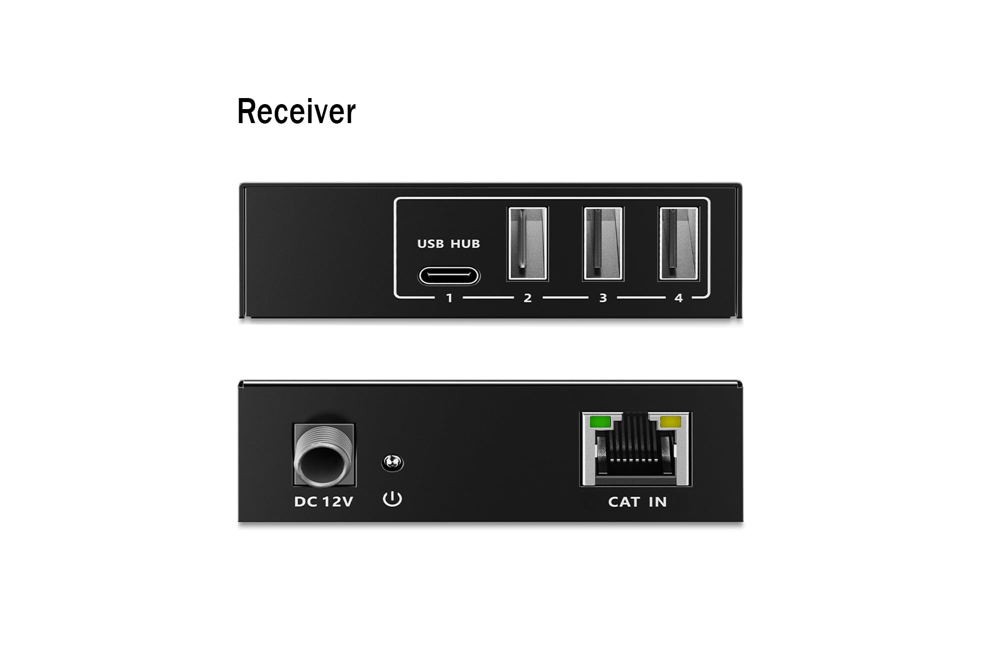 DIGITUS Ekstender USB 3.2 Gen1 przez Ethernet – 4-portowy hub USB – 3x Typ A, 1x Typ C – Zasięg 100 m z kablem sieciowym Cat 6 – 5 Gbps – Czarny