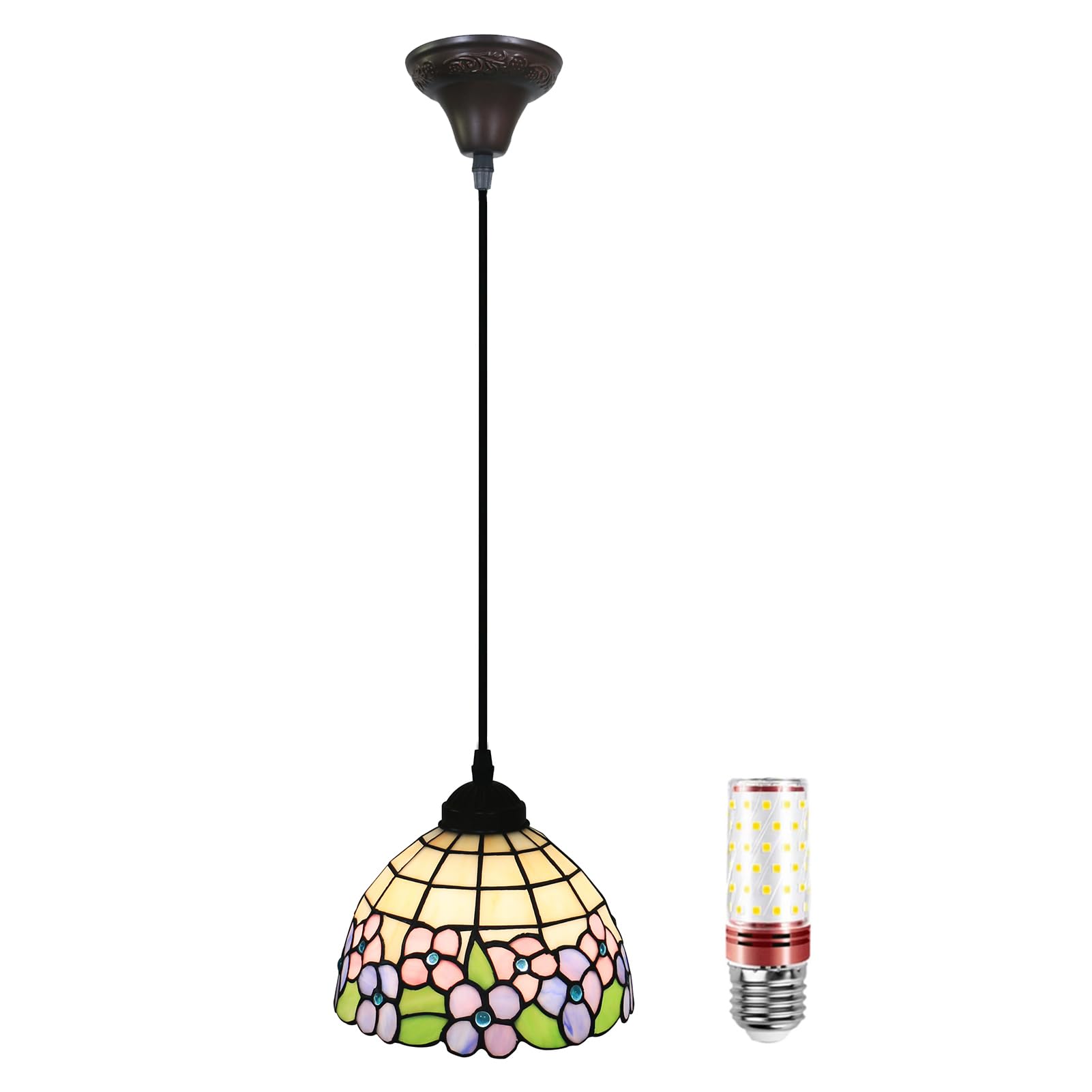 Uziqueif Pendant Light, Pendant Ceiling Light 8", Tiffany Style Hanging Ceiling Lights, Glass Lampshade, LED Kitchen Island Lights, vintage chandelier for Dining Room, Living Room, Height Adjustable,B — image 1