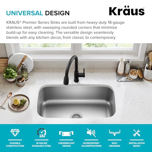 Image of KRAUS Premier 31 1 /2-inch Undermount Single Bowl 18-Gauge Stainless Steel Kitchen Sink with WasteGuard Continuous Feed Garbage Disposal, KBU14-100-75MB