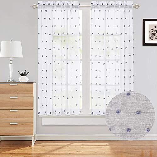 Haperlare Cafe Curtains 45 Inch Length, Jacquard Bubble Design Rod Pocket Half Sheer Window Curtains For Kitchen Pom-Pom Bathroom Window Curtain, 27" X 45", Dark Grey Pompoms, Set Of 2 #TOP29