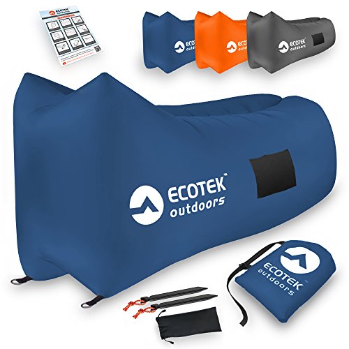 ECOTEK Outdoors Premium Inflatable Air Hammock Version 2.0 Lounge with Upgraded Fabric, Elastic Pockets, Aluminum Alloy Stakes, and Carry Bag (Ocean Blue)