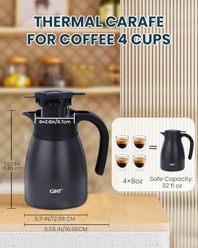 Image of GiNT 1L / 34Oz Thermal Coffee Carafe, Insulated Stainless Steel Coffee Carafes for Keeping Hot /Double Walled Vacuum Thermal Carafe (Black)