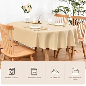 Wolkemer Oval Tablecloth 60 x 84 Inch Washable Fabric Table Cloth Solid Beige Table Cover for Dining Wedding Party Banquet Tabletop Decoration