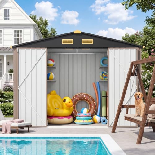 Image of IRONCK Storage Shed, 9.7 x 7.7 FT Tool Shed with Lockable Doors, Brown