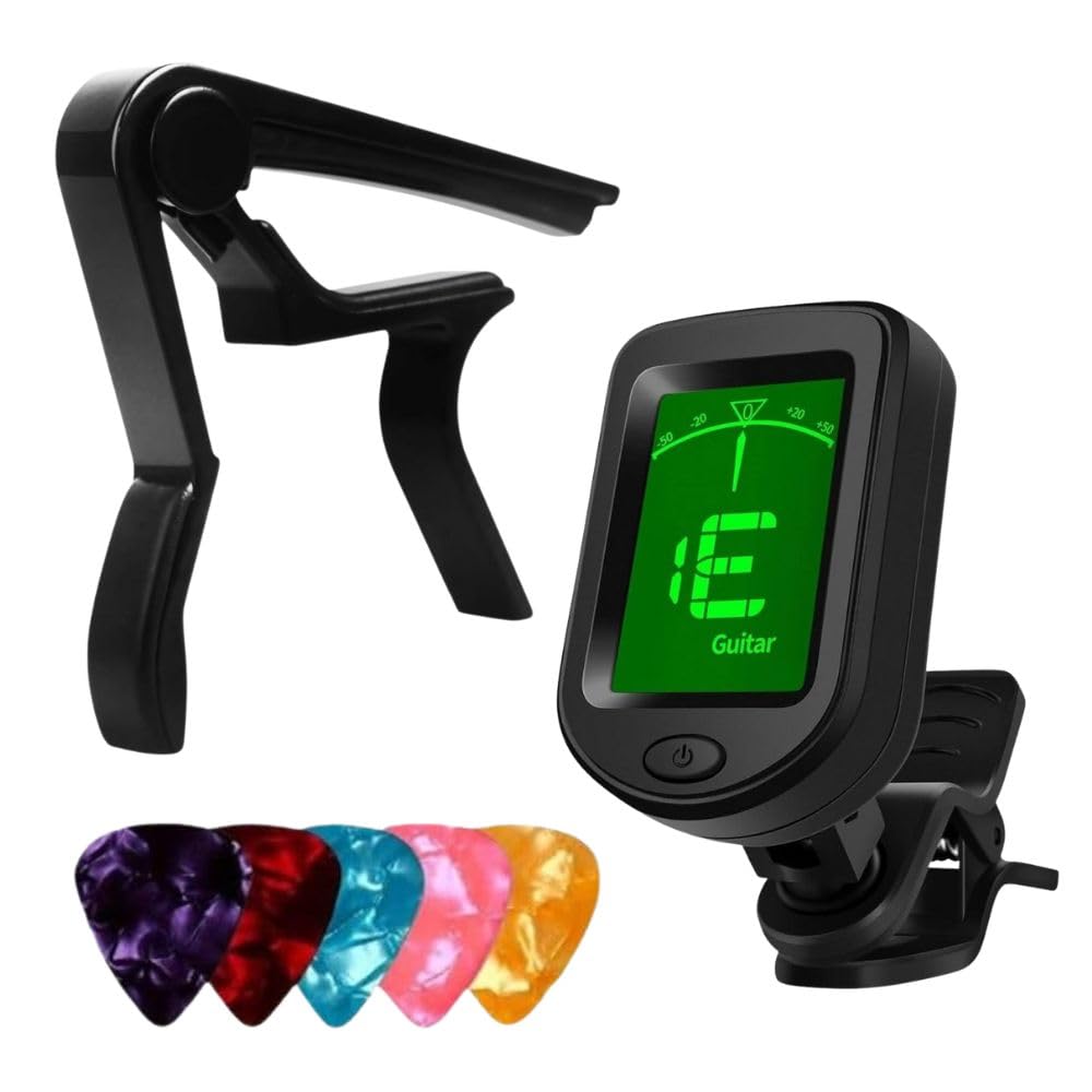 Imaginea Guitar Accessories Combo Kit with Digital Clip-On Tuner, Guitar Capo, 5 Picks | Tuner and Capo Set for Acoustic & Electric Guitar for Beginners-image-8
