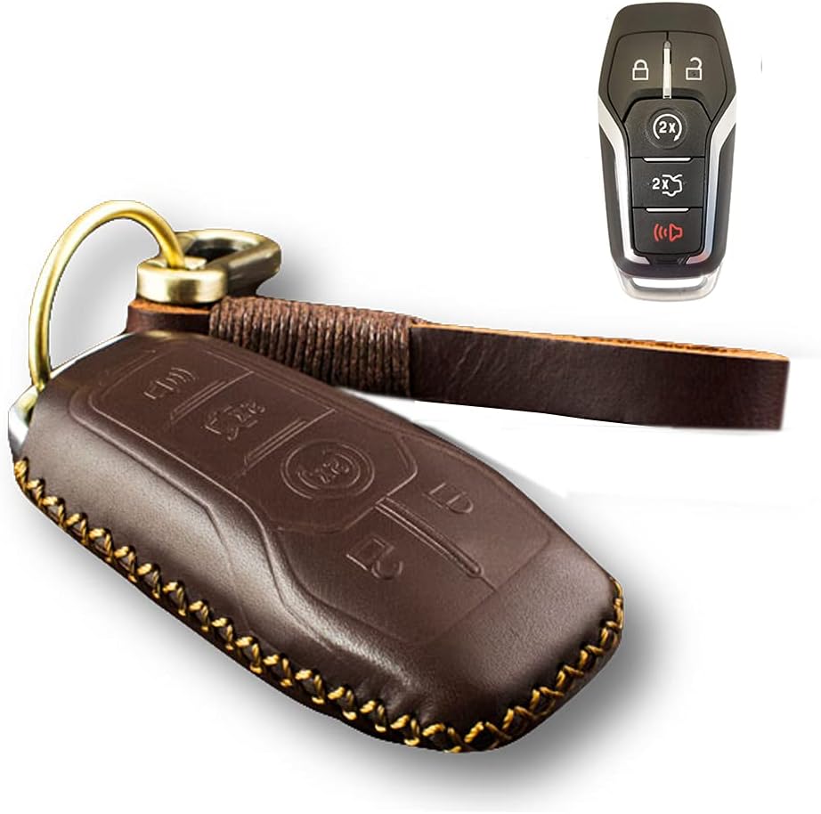 Genuine Leather Smart Key Fob Case Cover Holder Protector Keyless Remote Compatible for Ford F150 Mustang Fusion Explorer Edge for Lincoln MKZ MKC MKX with Key Chain (Brown)