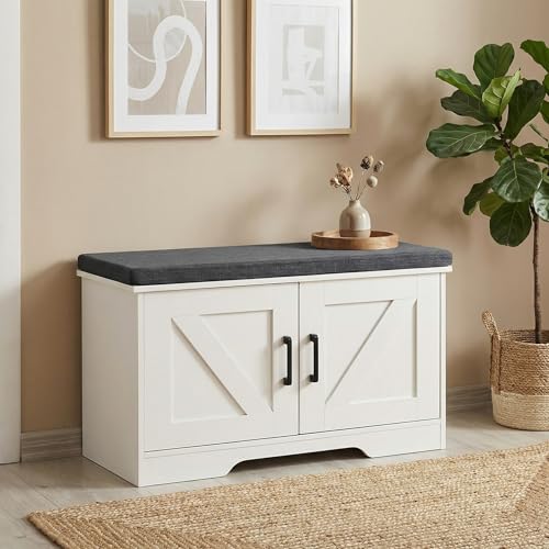 Image of HOMSHO Farmhouse Shoe Storage Bench with 2 Barn Doors & Padded Seat Cushion | 27.6 inch Wide Entryway Bench with Adjustable Shelves & Hidden Storage, White