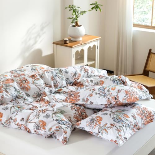 SLEEPBELLA Duvet Cover Set King Size, 600 Thread Count Cotton Citrus Orange & Sage Green Floral Pattern Printed on White,Soft and Breathable Comforter Cover (King, Citrus & Sage) by SLEEPBELLA - Used condition - Image 5
