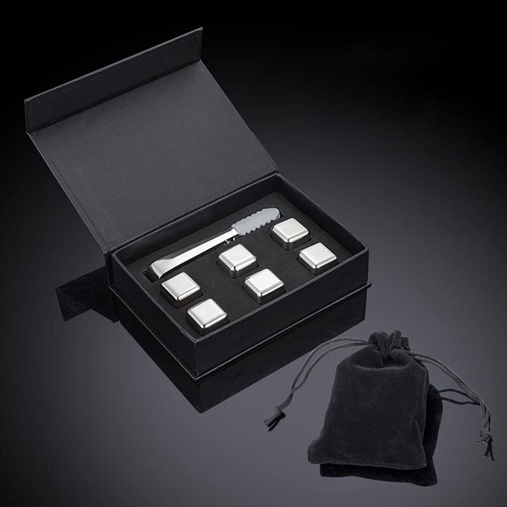 Kalttoy Men's Gift Box (Silver) 6 Pcs Stone Stainless Steel Metal Ice Cubes Ice Cubes Stone Beverage Cooler ' S Tongs Gift Stainless Steel Cube Trays