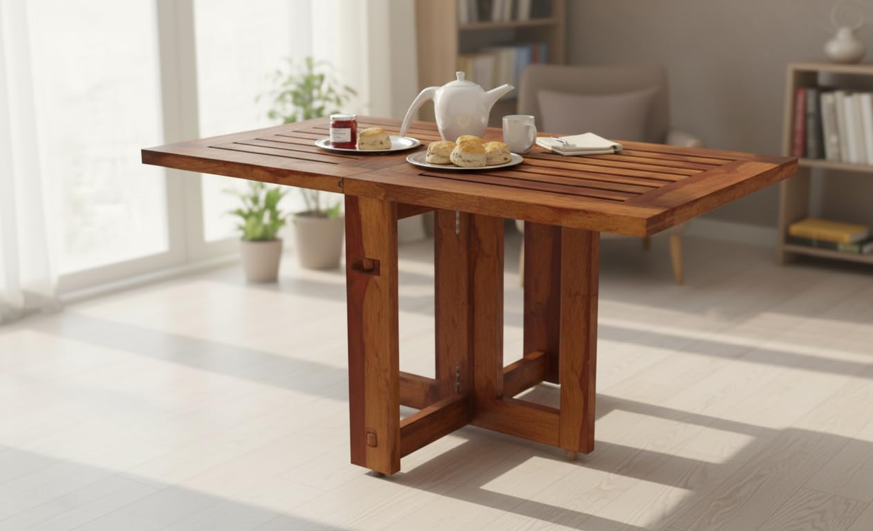 BHATIWAL HOME DECOR Solid Wood Folding Coffe Table | 4 Seater Multipurpose Wooden Coffee Table for Home & Outdoor | Foldable Table for Balcony, Garden, Patio & Living Room | Natural Brown Finish