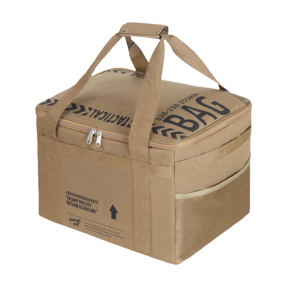 Hosoncovy Camping Storage Bag with Handles, 20L Grill Carry Bag, Cookware Organizer Outdoor Case with Pockets for Camping, Tailgating, Grilling, Bag Only (Khaki)