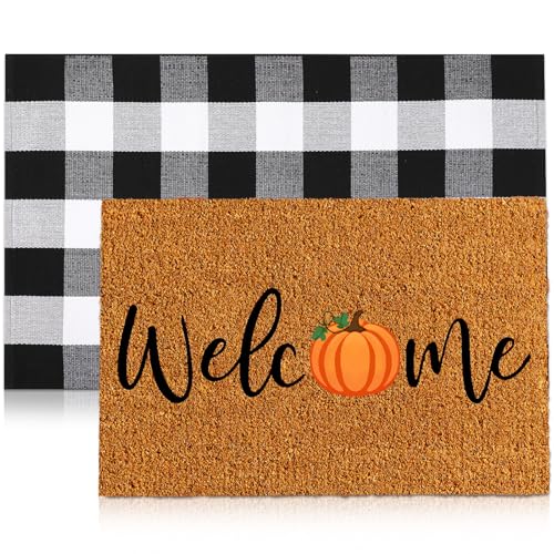 2 Pcs Thanksgiving Coir Doormat Outdoor Thanksgiving Pumpkin Welcome Outdoor