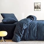 Ensemble de housse de couette en coton Wake In Cloud Grid, bleu marine, reine | 100 % coton lavé, motif géométrique à carreaux, style ferme, ensemble de literie texturé, 3 pièces
