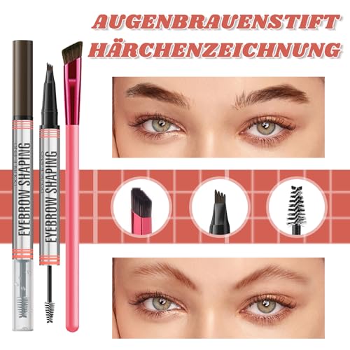 Microblading Augenbrauenstift Wasserfest Mit 4 Gabelspitzen & quadratischer Augenbrauenbürste & klarem Brauengel für natürliche Härchenzeichnung (Tiefbraun) – Ideal für zu Hause & Make-up-Profis