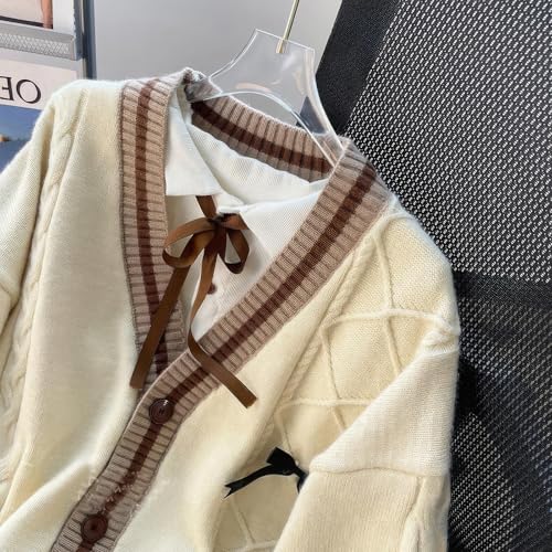 ebossy Womens Kawaii Cute Bowknot Cable Knit Cardigans Sheep V Neck Button Down Slouchy Preppy Wool Blend Sweater Coat3