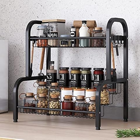 UMDONX Spice Rack 2 Tier Kitchen Countertop Standing Storage Organizer Stainless Steel Spice Bottle Jars Rack Holder with 8 Hooks Cover