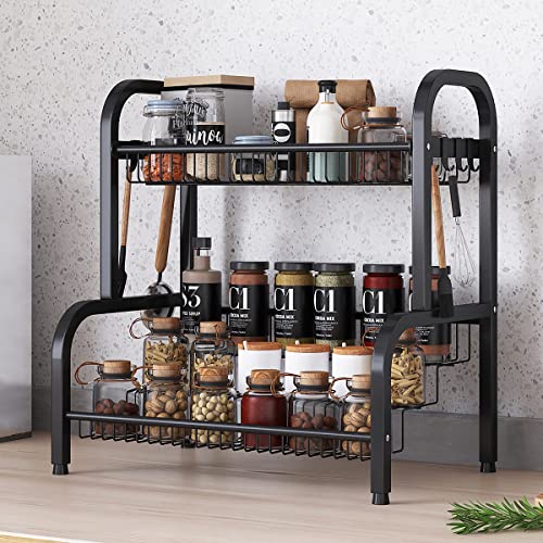 UMDONX Spices Organizers,Spice Rack 2 Tier Kitchen Countertop Standing Storage Organizer Stainless Steel Spice Bottle Jars Rack Holder with 8 Hooks