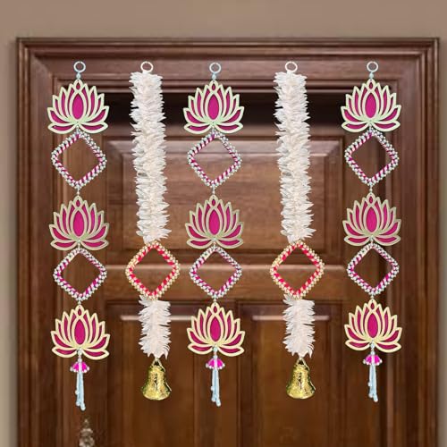 Image of Rajasthan Kraft MDF Lotus Flower Hanging with Gajra Set of 5, 22 Inches, Pink & White, Used for Home Decor, Festive Decorations, Wedding & Event Decor