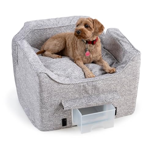 Snoozer Dog Car Seat with Storage Tray: Lookout II Car Seat for Small Dogs Under 25lbs, Size: Medium, Fabric: Palmer Dove, Pet Car Seat to Alleviate Car Sickness for Dogs, Removable Washable Cover