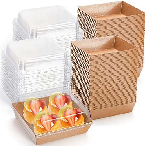 Image of Hiceeden 100 Pack Charcuterie Boxes with Clear Lids, 5.4 inchx5 inchx2.5 inch Paper Bakery Dessert Sandwich Box, Disposable Square Food Containers for Cookies, Donuts, Muffins, Salad, and Pastry, Brown