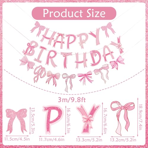 Image of Pre-Strung Pink Bow Birthday Decorations, Pink Coquette Party Decorations, Bow Party Supplies Include Happy Birthday Banner, Bow Garland Banner for Girls