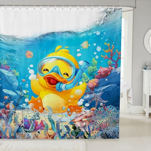 Feelyou Kids Cute Duck Bath Curtain Ocean Sealife Shower Curtain Underwater World Bathroom Shower Curtain Set Boys Girls Cartoon Animal Teens Bathroom Accessories Bedroom Decor 72x72