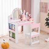 LALAHO Schminktisch Kinder mit Hocker Frisiertisch Kinderschminktisch für Mädchen aus Holz mit Beleuchtung, Spiegel, 5 Schubladen & Bücherregal,-Kosmetiktisch Set für ab 3 Jahren,(Weiß)