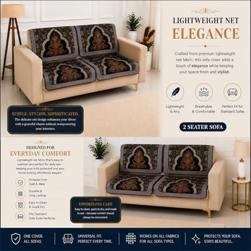 Image of Homerz Premium 'Maharaja Paradise Series' Sofa Cover | Net Fabric Sofa Cover | Washable, Anti-Dust Backed & Wrinkle Resistant Cover (Sheesh Mahal, 2 Seater, Seat Cover with Backrest)