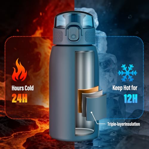 Image of Insulated Water Bottle 12 oz with Dustproof Lid, Carry Handle & Tea Infuser, BPA-Free & Leakproof, Stainless Steel Water Bottles Ideal for Fitness, Hiking, Office & Outdoor Use (Navy Blue )