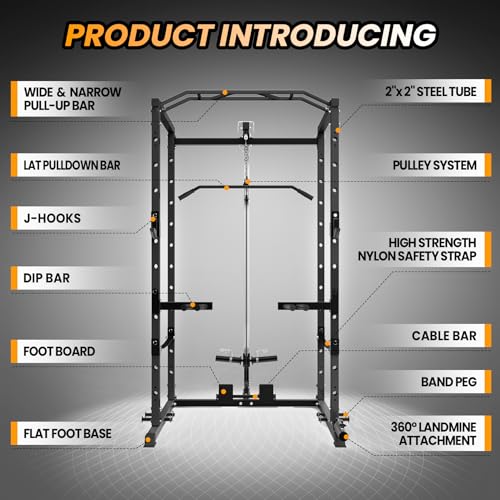 Power Cage with LAT Pulldown, Multi-Functional Power Rack with Cable Pulley System and J-Hooks, Squat Rack with Dip Bars and Landmine Attachment, Weight Cage for Home Gym Equipment