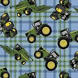 Springs Creative J. Deere Tractors on Plaid Blue Sold by The Yard 100% Cotton