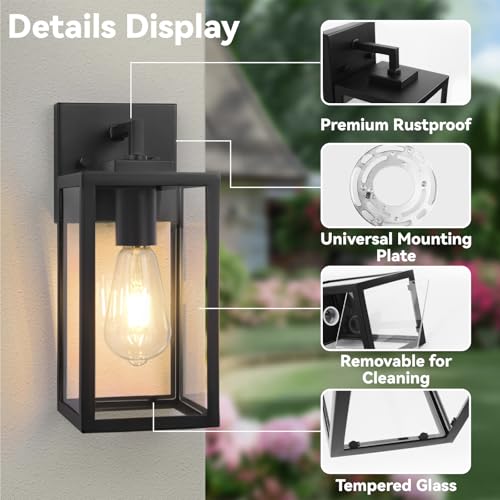 Image of Outdoor Wall Light Fixtures, Exterior Wall Lanterns, Black, 2-Pack, 12 In | Waterproof Outside Wall Sconce for Front Porch, Garage, Patio, Anti-Rust, Tempered Glass, E26(Bulbs Not Included)