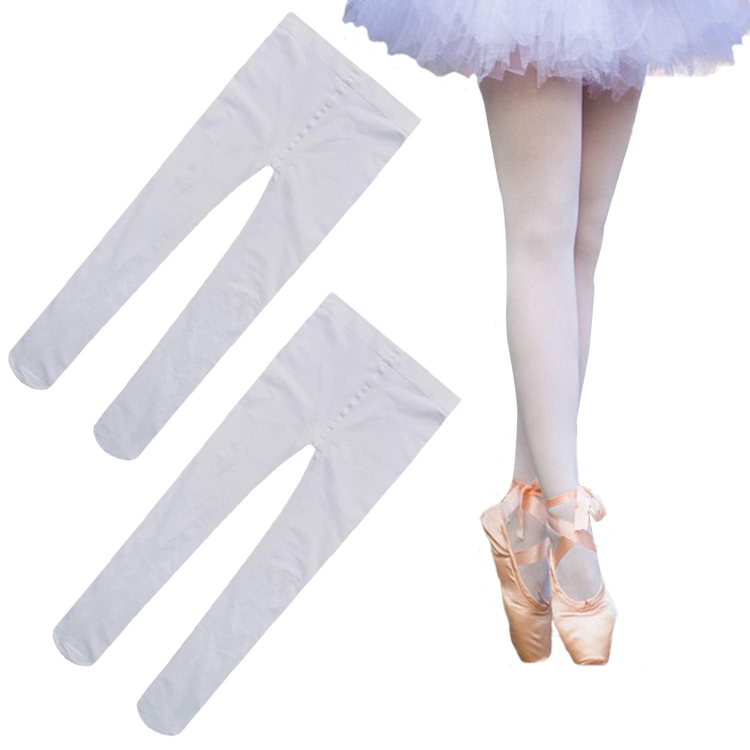 2 Pairs Girls Dance Tights Ballet Dance Tights Stockings Pantyhose Tights for Girls Students, White, 5-8 years