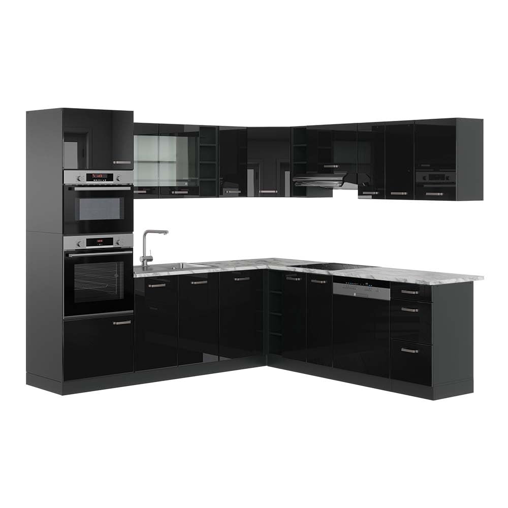 Vicco Cocina esquinera R-Line, Negro Brillo Intenso, 247 x 60 cm, ET Mármol, para planificación de Cocina Variable y ampliación Modular