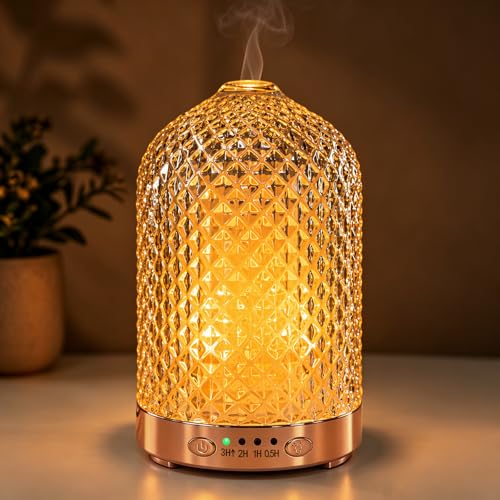 Antrovelle Essential Oil Diffuser 120ML Glass Aromatherapy Diffuser with 7 Color Lights & Timer Ultrasonic Small Humidifier with Auto Shut-Off for Home Office Bedroom (Glass-Diamond)