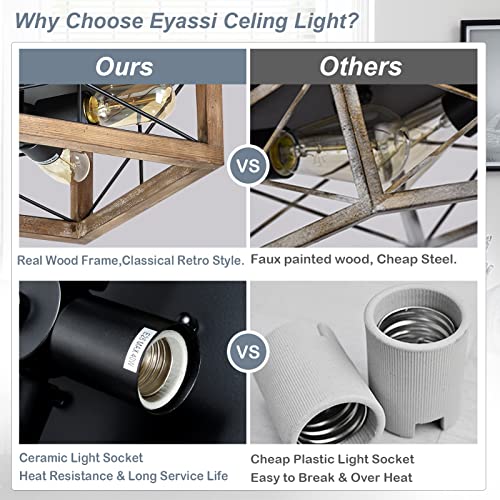 Eyassi Wooden Flush Mount Ceiling Lights, 4-Light Farmhouse Close To Ceiling Lighting Fixtures Black Ceiling Lamp For Kitchen Island Living Room Bedroom Hallway Laundry Entryway #TOP2