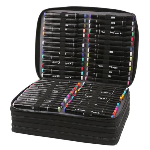 Image of Marker Pen Organizer Case 168 Slots w /Handle & Shoulder Strap | 3-Layer Zipped Pencil Pouch PU Leather w /Open Front pocket for Gel Pen Markers to Artists, Painters