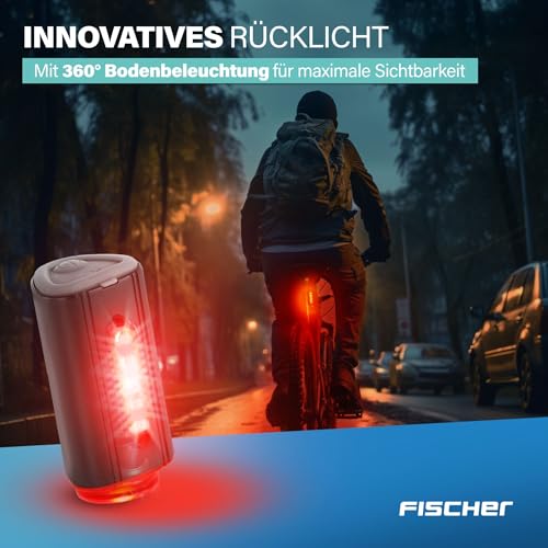Fischer Tylne światło rowerowe LED z akumulatorem Twin Stop, z oświetleniem podłogowym 360° zapewnia lepszą widoczność i ochronę, do 8 godzin świecenia, możliwość ponownego ładowania, kolor czarny