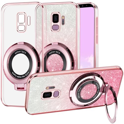 Coque Samsung S9 MagSafe transparente rose pailletée avec anneau de support silicone