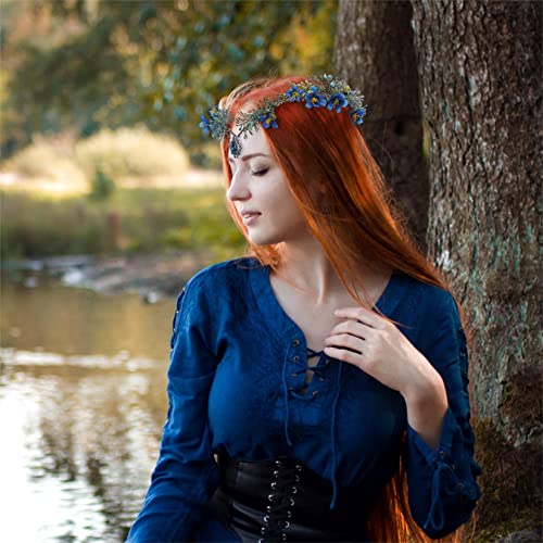 Mostory Woodland Fairy Flower Crown - Elf Floral Headpiece Blue Daphne With Crystal Elven Tiara Handmade For Women Girls Bridal Variable Size Wreath Headband For Cosplay Halloween Christmas Wedding #TOP1