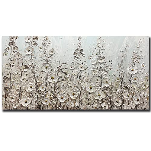 Yotree 24x48 Inch Wall Art Hand-Painted Framed White Flowers Oil