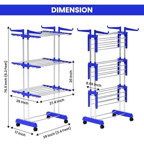 Image of Foldable Cloth Drying Stand Stainless Steel - 3 Tier Heavy-Duty Clothes Dryer for Balcony, Indoor & Outdoor Use | with Wheels & Hanger Slots | Rust-Proof Laundry Rack (Blue 3 TIRE)