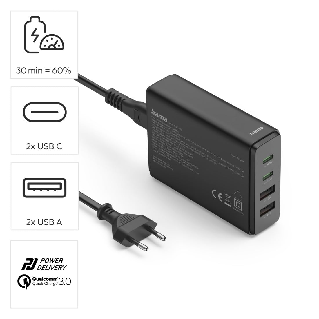 Hama stacja ładująca ładowarka GaN 65W (2x USB-C, 2x USB-A, PD 3.0, QC 3.0, ładowanie 4 urządzeń jednocześnie, inteligentna ochrona, kompaktowa, uniwersalna, do laptopa, smartfona, smartwatcha)