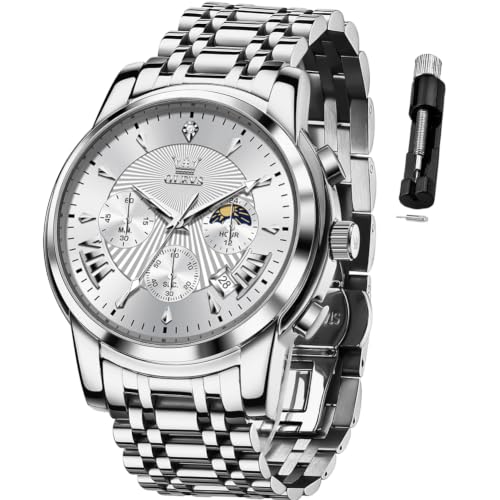 Image of OLEVS Watch for Men Classic Business Dress Analog Quartz Stainless Steel Waterproof Luminous Date Diamond Men Silver Watch