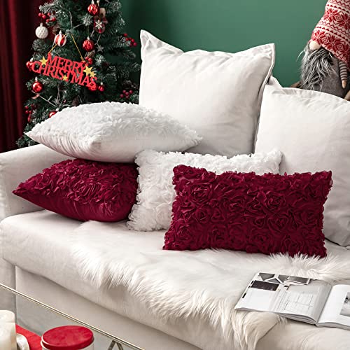 Miulee 3D Decorative Romantic Stereo Chiffon Rose Flower Throw Pillow Cover Solid Square Pillowcase For Decoration Sofa Bedroom Car 12X20 Inch 30X50 Cm Wine Red Valentines Day #TOP6