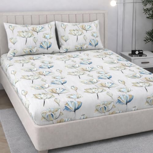 Image of 350 TC Premium Heavy Cotton Feel Elastic Fitted Bedsheet Queen Size with 2 Pillow Covers || Double Bed with All Around Elastic (White Flower Leaf, Fitted - Double72x72)