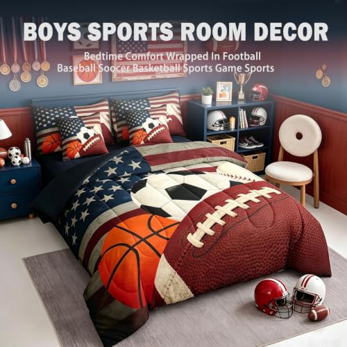 Image of Feelyou Boys Sports Comforter Set with Sheets 7 Piece Queen Size Football Baseball Soocer Basketball Bed in a Bag Kids Boys Girls American Flag Bedding Set Bedroom Decor Breathable Soft Microfiber